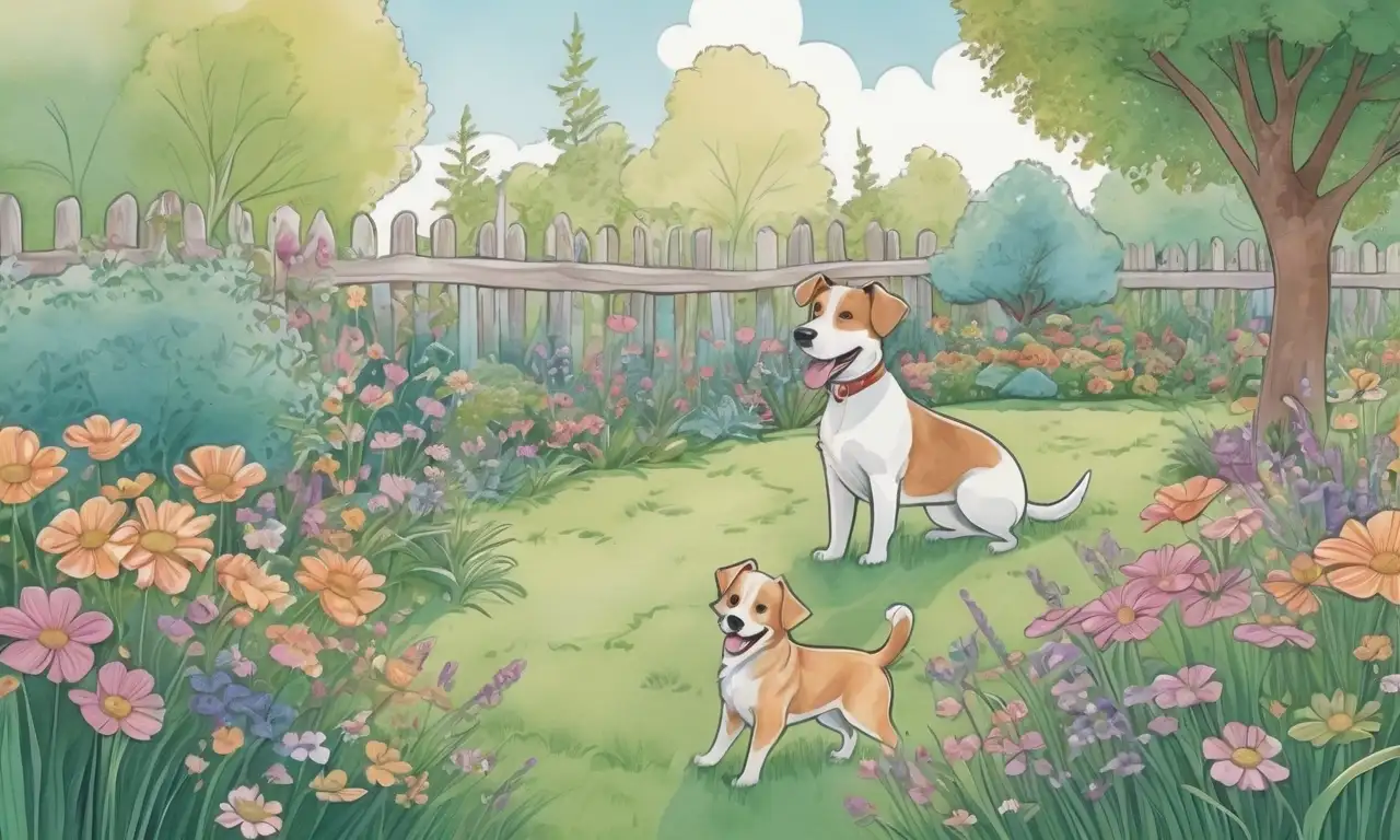 Un vibrante jardín con perros juguetones, flores delicadas y luz suave que crea una atmósfera acogedora