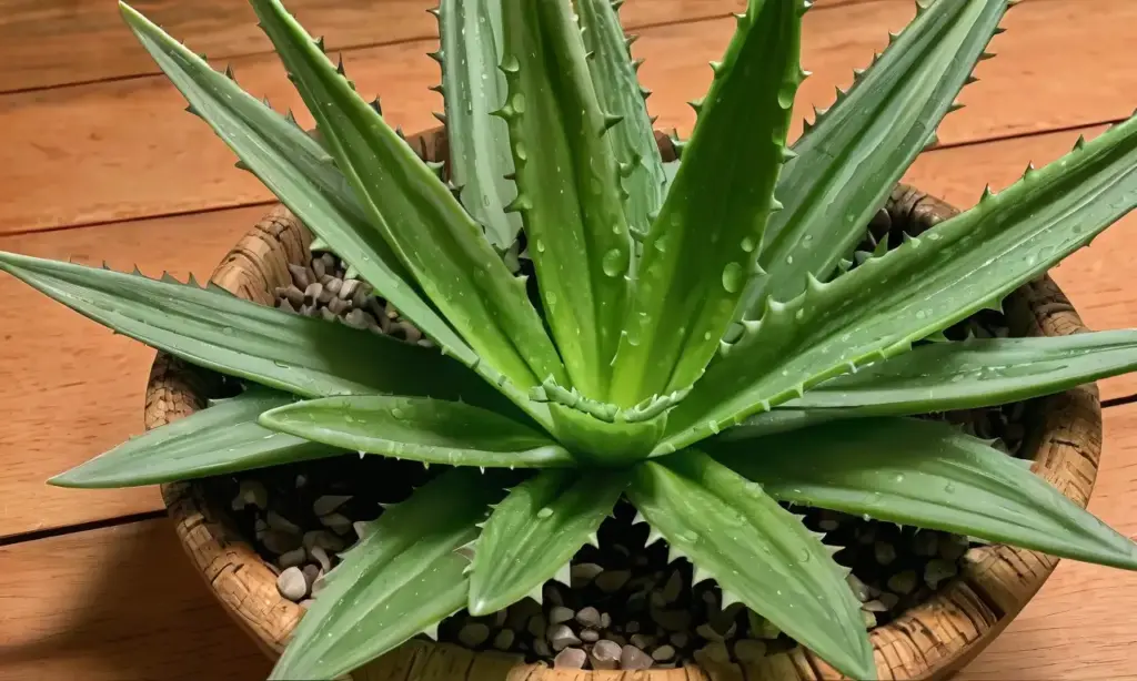 Hojas de aloe vera verdes y carnosas con un perro feliz rodeado de hierbas en un fondo rústico