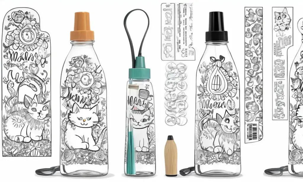 Dibujo que combina un gato juguetón y un frasco de medicina con detalles vibrantes y texturas sutiles