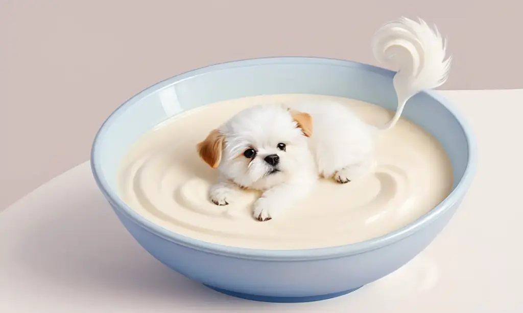 Un tazón de leche con ajos y un perro juguetón en una escena acogedora y vibrante