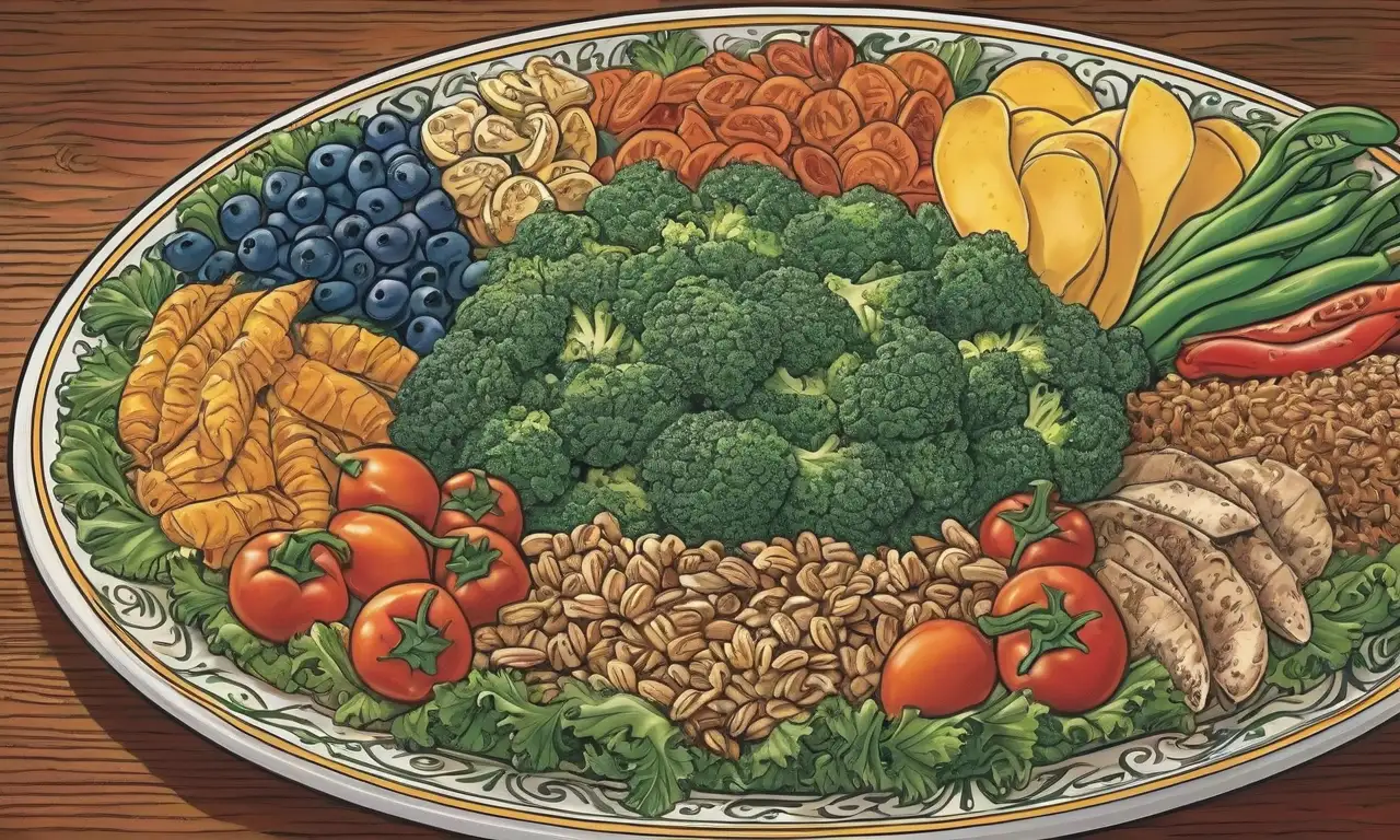 Una composición vibrante y balanceada de vegetales y frutas con texturas diversas y colores armoniosos
