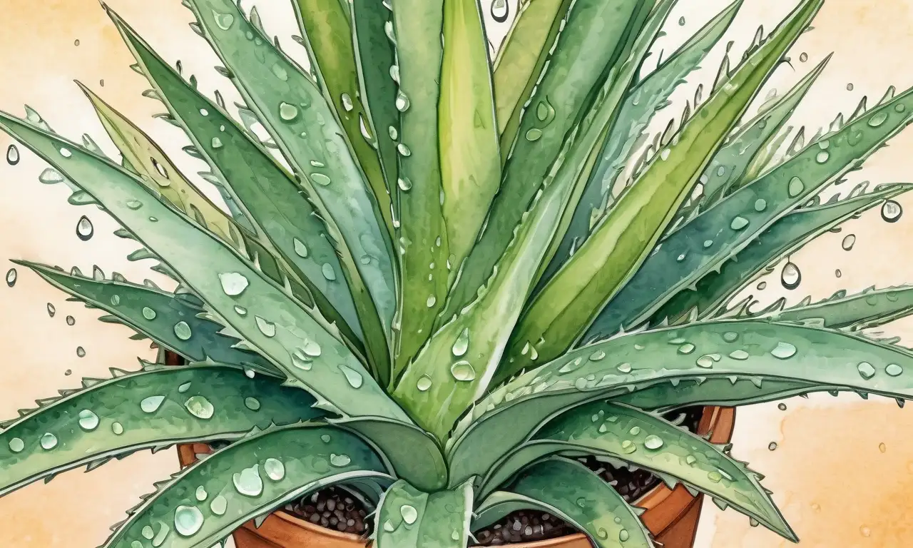 Una ilustración de una planta de aloe vera vibrante junto a un perro con pelaje suave, resaltando texturas y colores armónicos