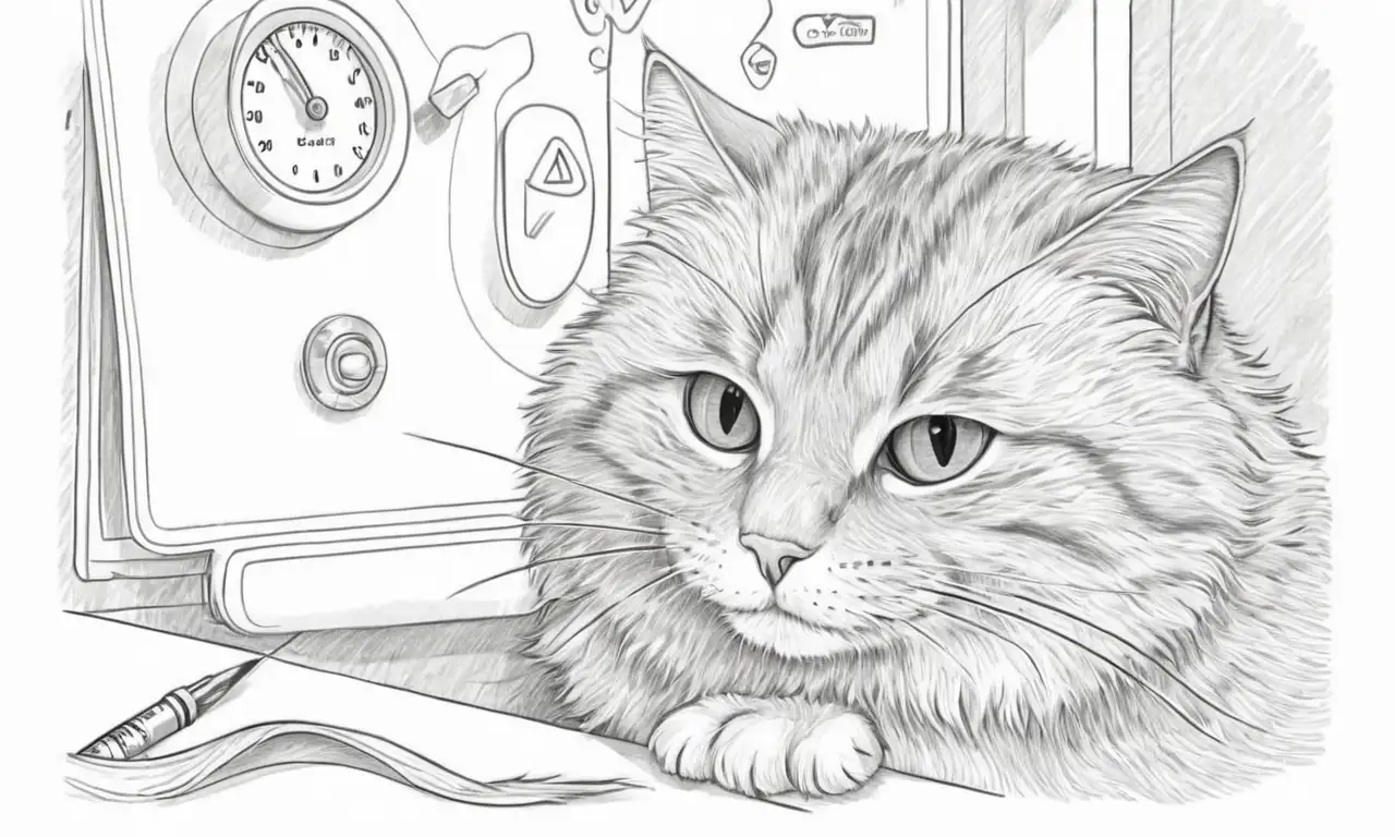 Dibujo de un gato preocupado en una oficina veterinaria, con sombras y líneas que expresan su ansiedad