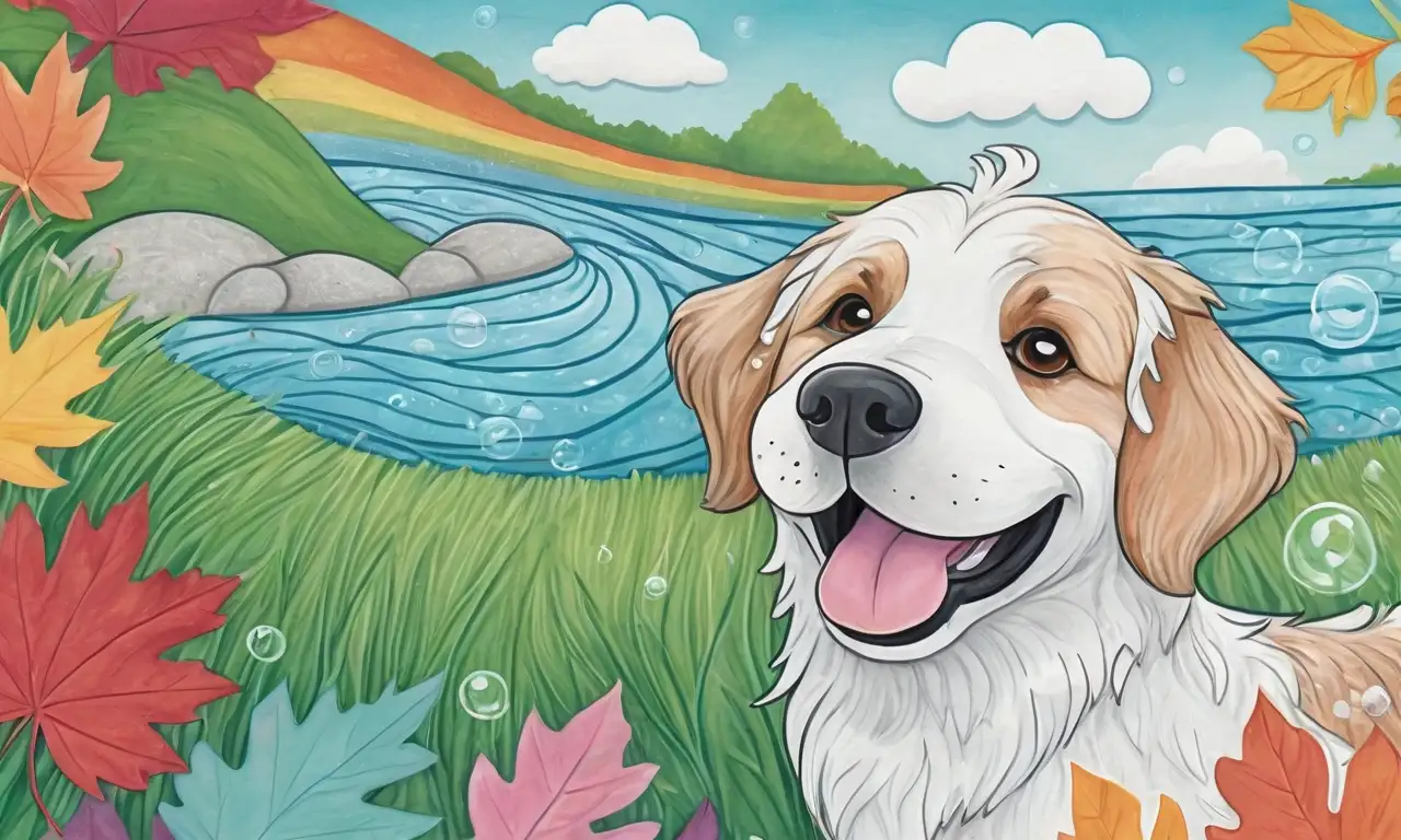 Colores vibrantes y suaves mezclados, líneas fluidas, un perro con pelaje texturizado y burbujas en un fondo natural