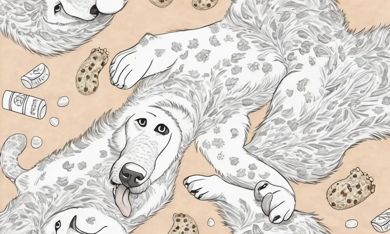 Un perro grande con detalle en el pelaje lame el suelo, rodeado de migas de comida y expresiones de nerviosismo