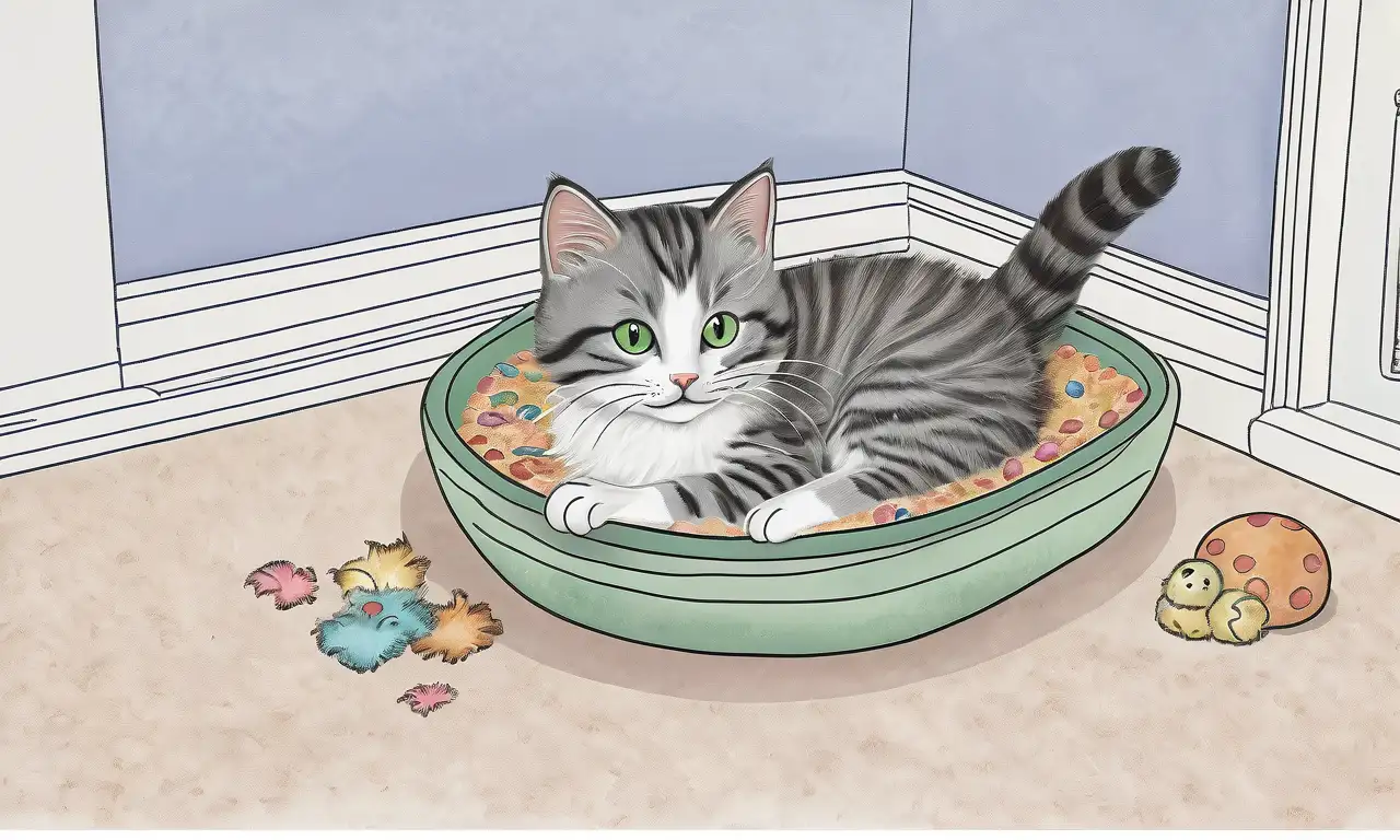 Un gato suave y esponjoso juega en un rincón acogedor, iluminado por un rayo de sol