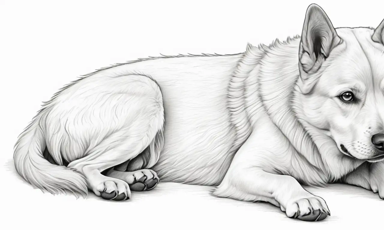 Dibujo de un perro con suavidad en el pelaje y expresión serena en un entorno cálido y armonioso