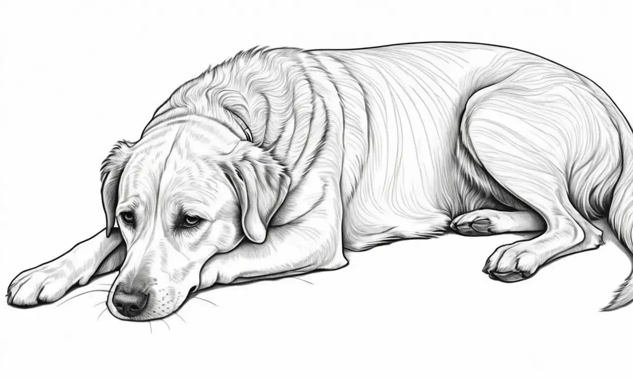 Un perro preocupado se representa con líneas suaves y sombras, rodeado de un entorno clínico y un dueño inquieto