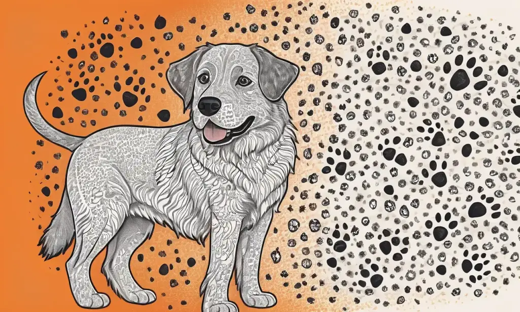 Fondo naranja vibrante con líneas negras y texturas que representan un perro y partículas virales en un diseño dinámico