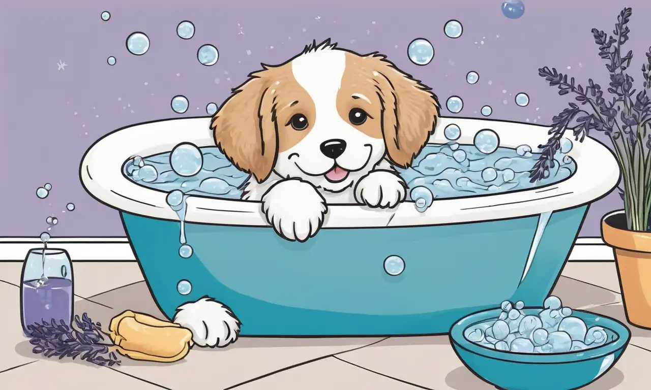 Un perro relajado en una bañera rodeado de agua y elementos naturales sugiere tranquilidad y confort