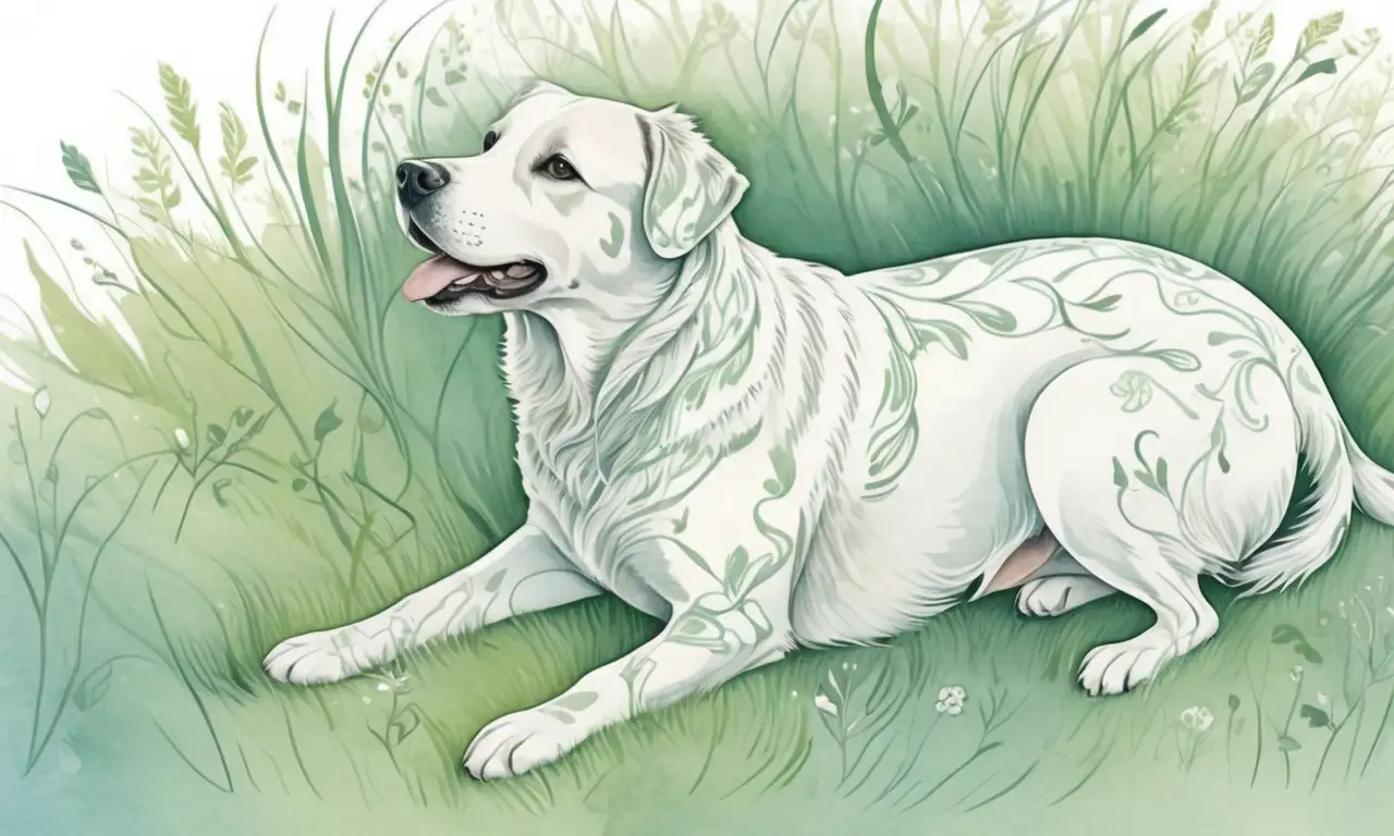 Perro embarazada en un entorno sereno con verdes vibrantes y suaves sombras