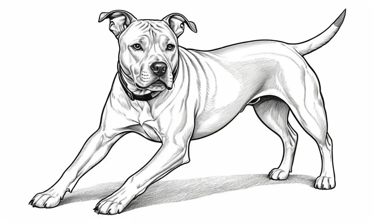 Un dibujo del American Staffordshire Terrier resalta su fuerza y calidez a través de líneas bold, sombras suaves y detalles intrincados