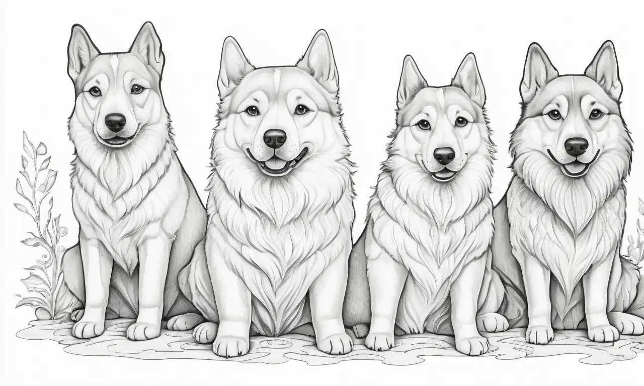 El dibujo del perro combina contornos audaces, detalles finos y texturas juguetonas en una composición equilibrada y expresiva