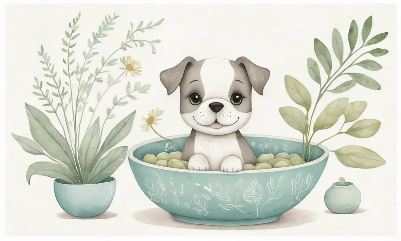 Un perro juguetón con una paleta suave de colores pasteles observa una cuenco de remedios naturales en un ambiente acogedor