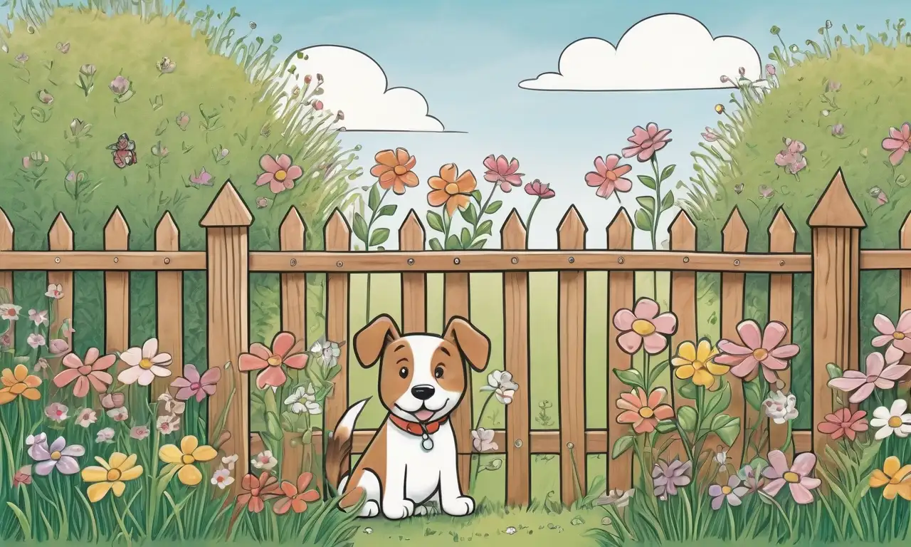 Una escena de jardín vibrante con hierba verde, flores delicadas, un perro juguetón, y herramientas de jardinería dispersas