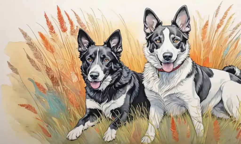 Dos perros entrelazados transmiten energía y juego a través de dinámicas líneas y colores sutiles