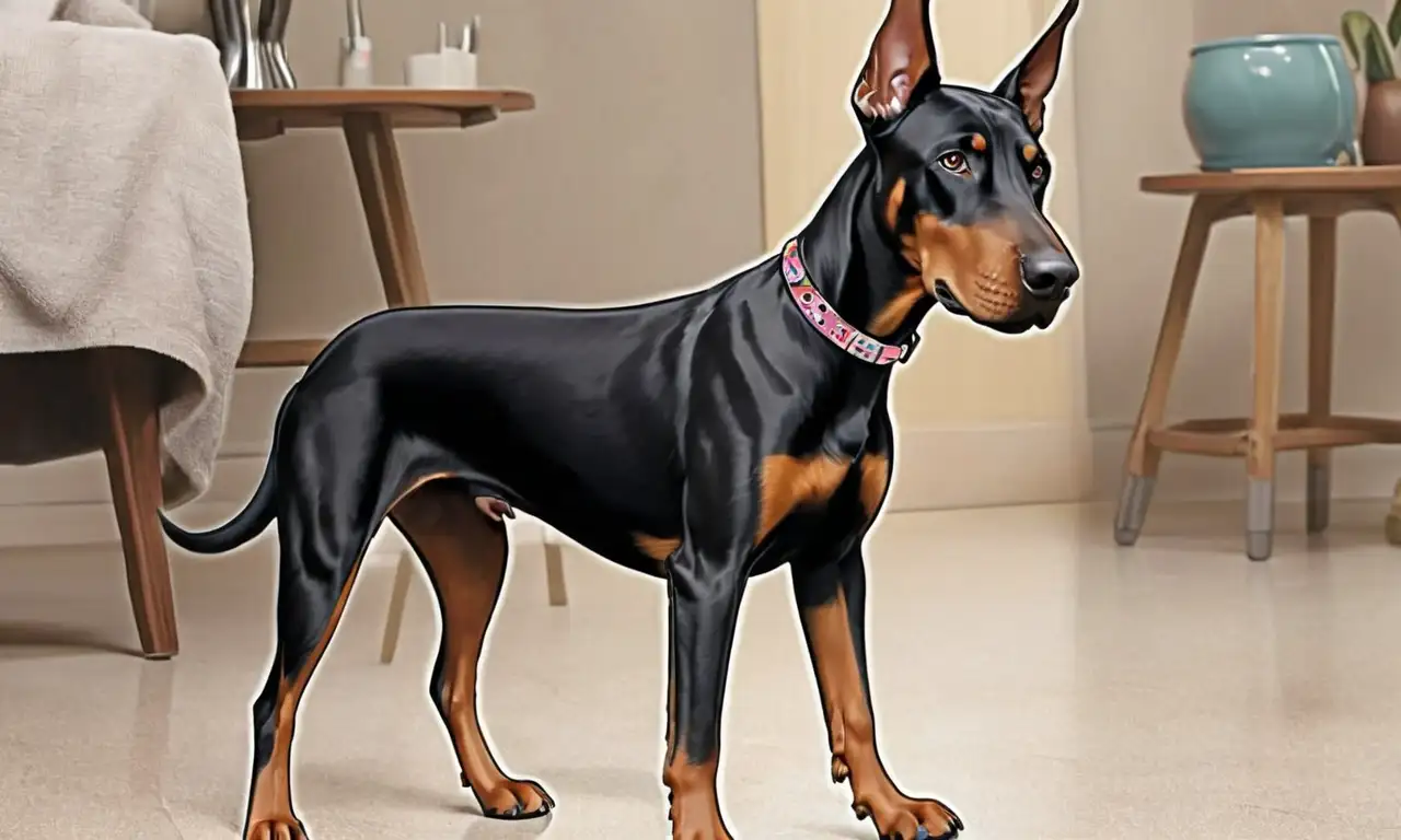 Un Doberman orgulloso destaca con líneas definidas, texturas suaves y un ambiente cálido