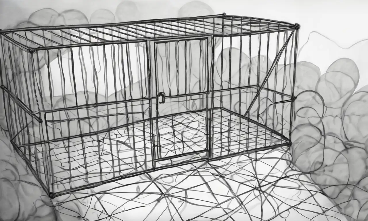 Sombras oscuras y un ambiente sombrío reflejan la desesperanza y el anhelo de libertad en seres atrapados