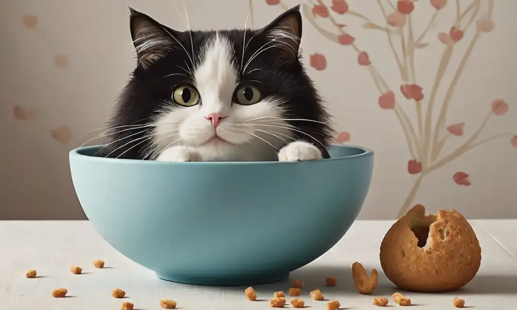 Un gato curioso se sienta rodeado de croquetas con un fondo vibrante