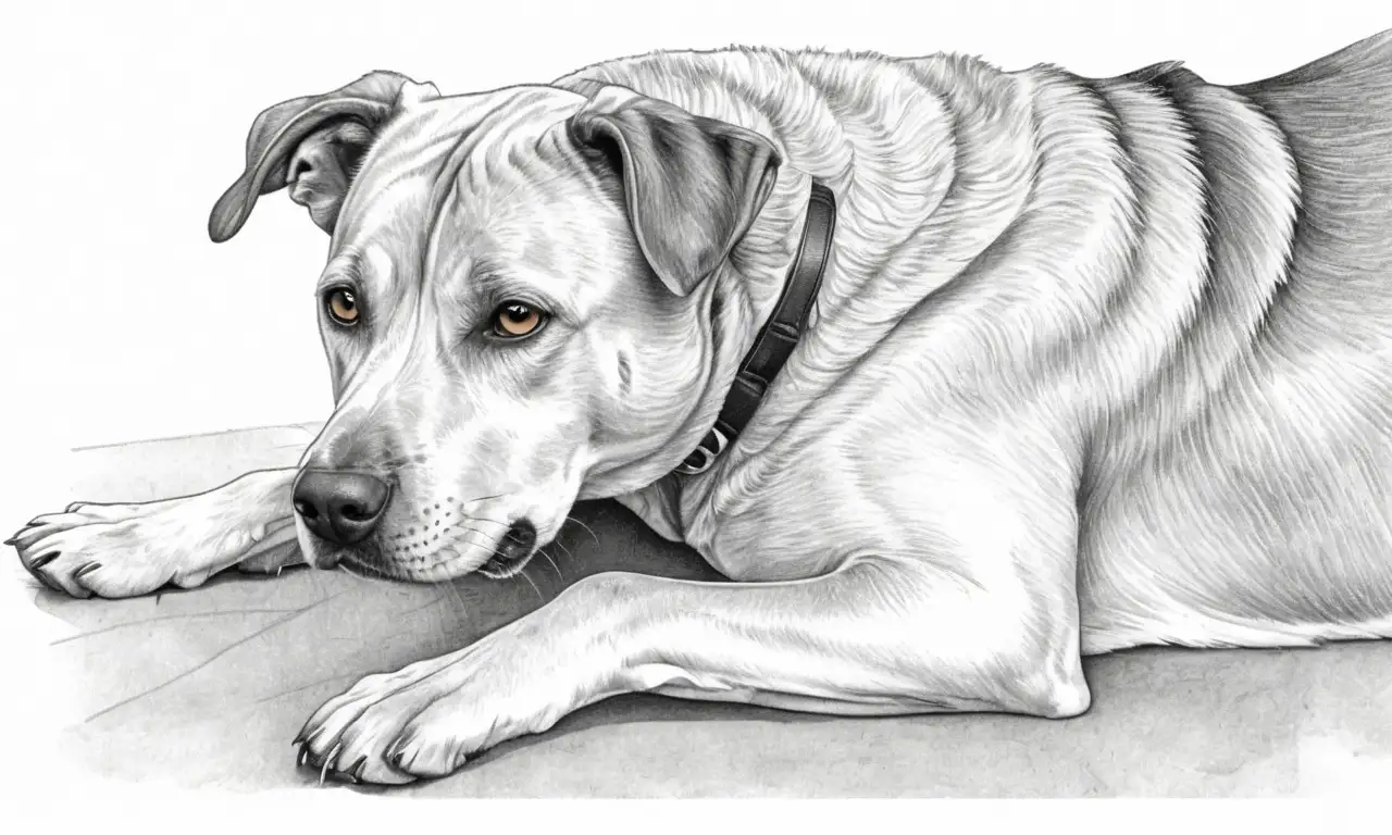 Un perro preocupado y un veterinario transmiten ansiedad y esperanza a través de suaves sombras y líneas dinámicas