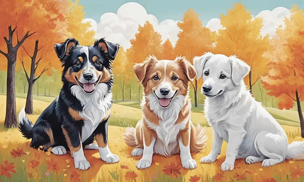 Una escena lúdica con perros expresivos en un entorno soleado que irradia alegría y energía