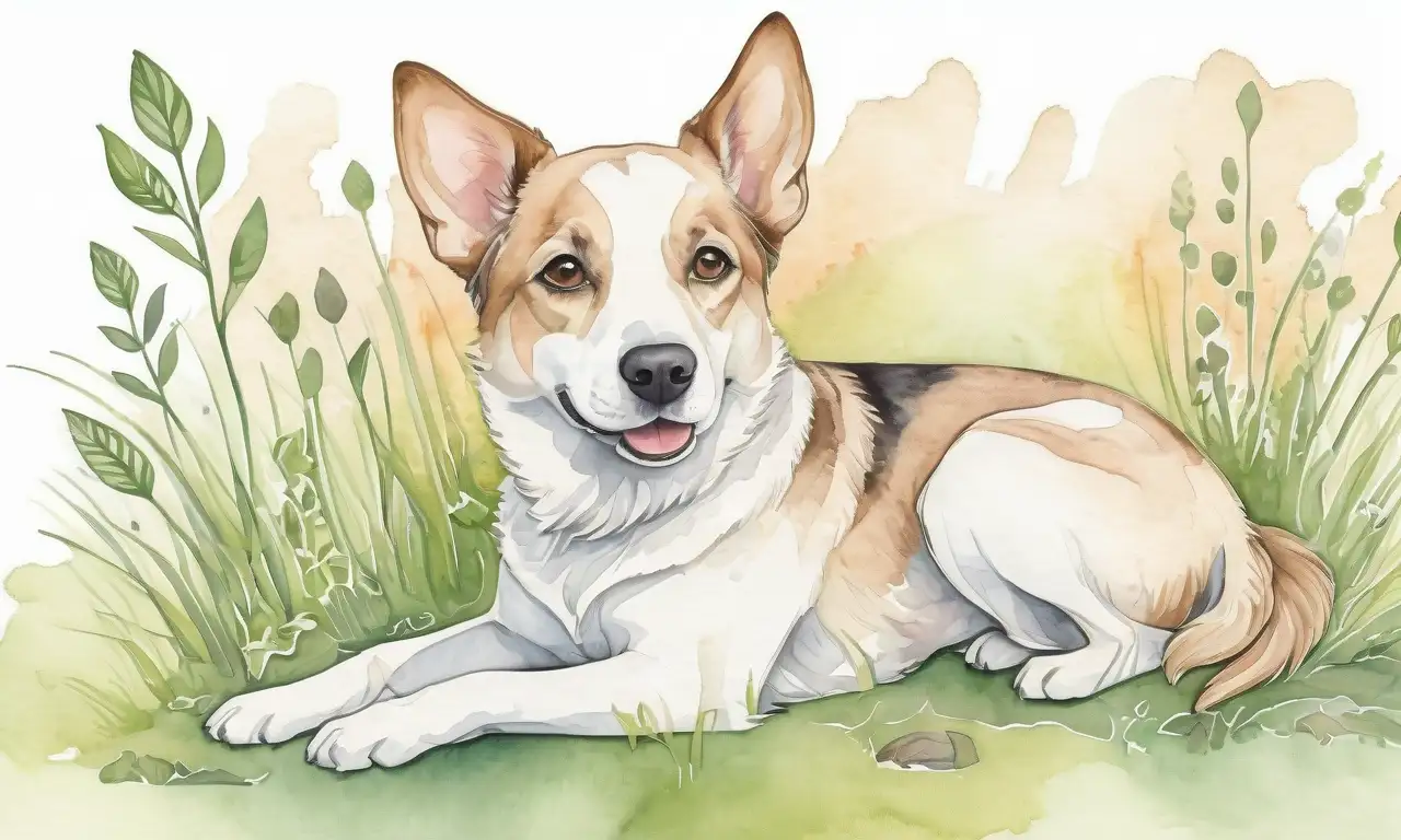 Un perro juguetón se destaca en un fondo vibrante de acuarela, con suaves tonos verdes y marrones