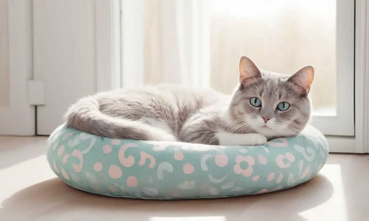 Una suave escena de un gato acurrucado en un entorno cálido y acogedor