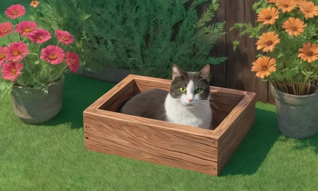 Jardín verde con flores vibrantes y un gato curioso listo para saltar