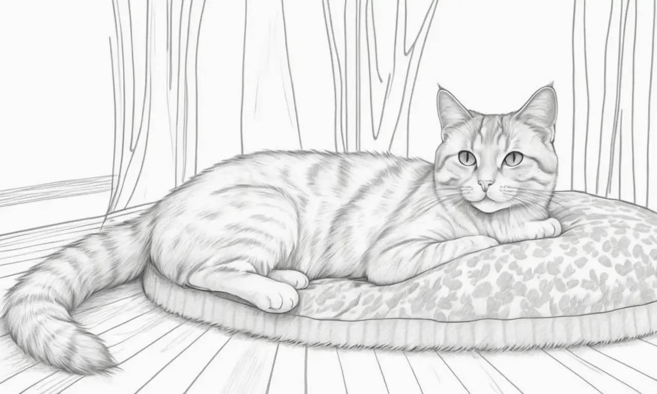 La ilustración de un gato destaca por su suave sombreado, delicados contornos y textura intrincada, evocando una atmósfera serena