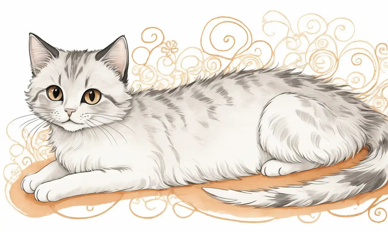 Silueta de felino con cola levantada, textura suave, ojos brillantes y una postura juguetona