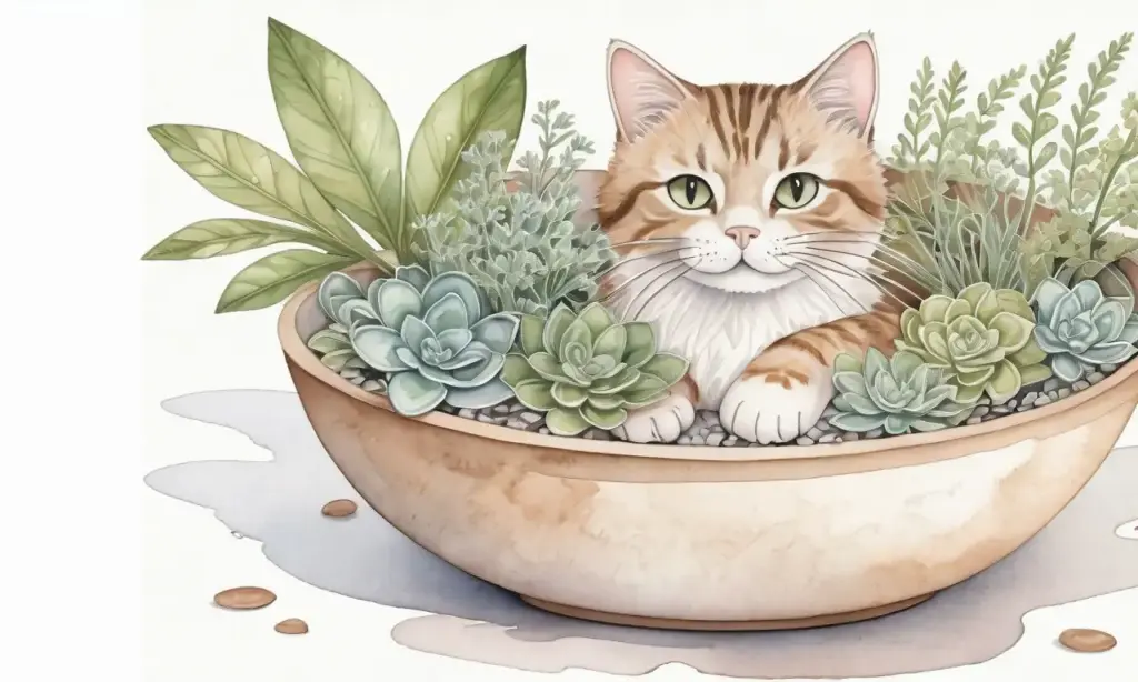 Una composición armoniosa de acuarelas suaves con un gato juguetón y hierbas vibrantes