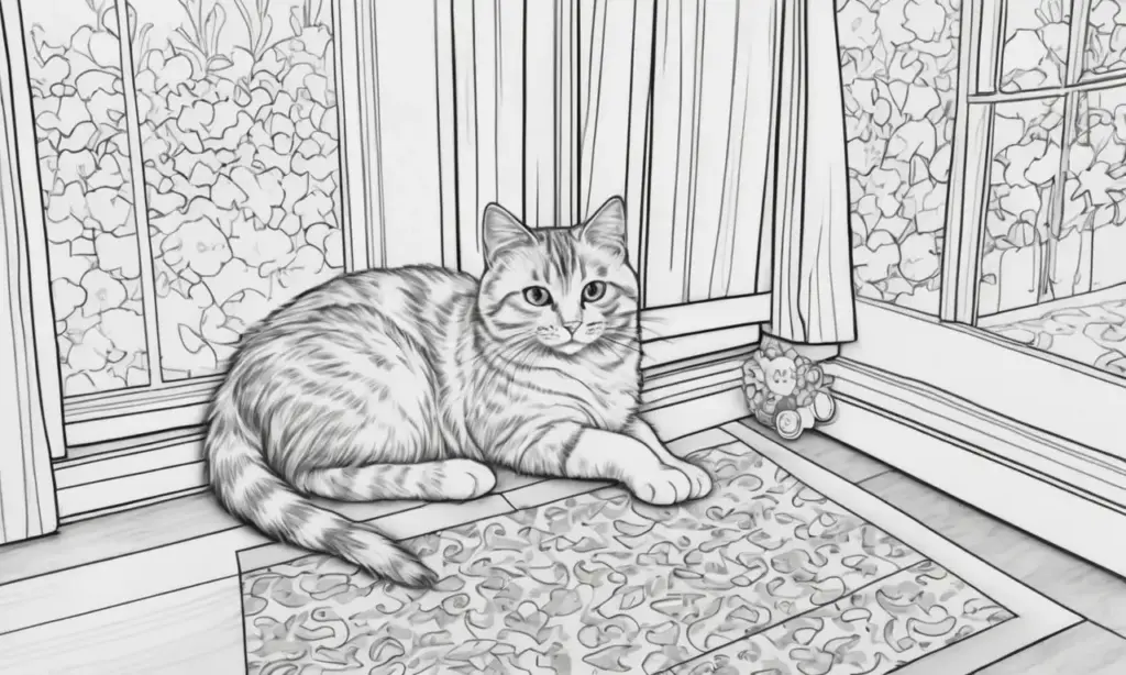 Un dibujo de un gato curioso en un ambiente acogedor evoca calidez y movimiento