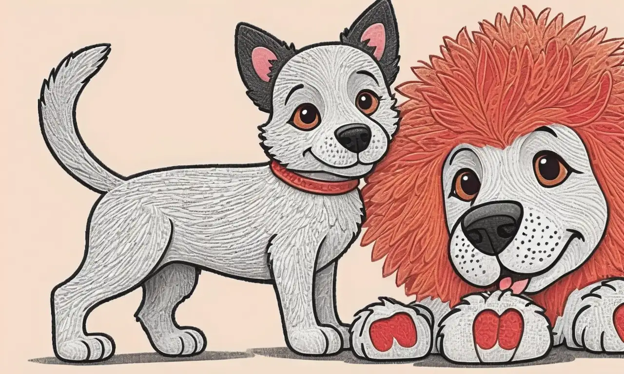 Perro vibrante con pelaje texturizado, ojos expresivos y detalles finos que resaltan interrupciones y malestar en las patas