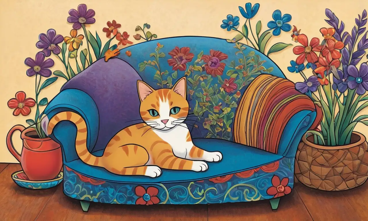 Una mesa suave y texturada con un gato juguetón y objetos coloridos en un entorno iluminado y equilibrado