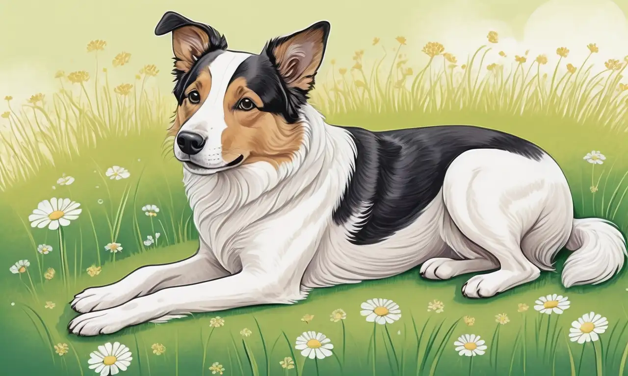 Ilustración de una perra embarazada en un entorno sereno con un folleto informativo a su lado