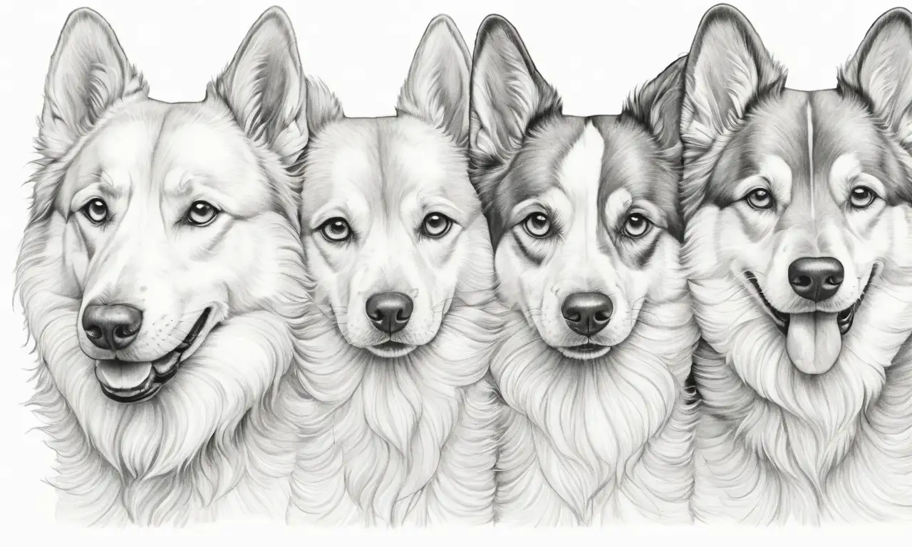 El dibujo de los perros combina sombreado suave, líneas finas y texturas delicadas para transmitir movimiento y emoción