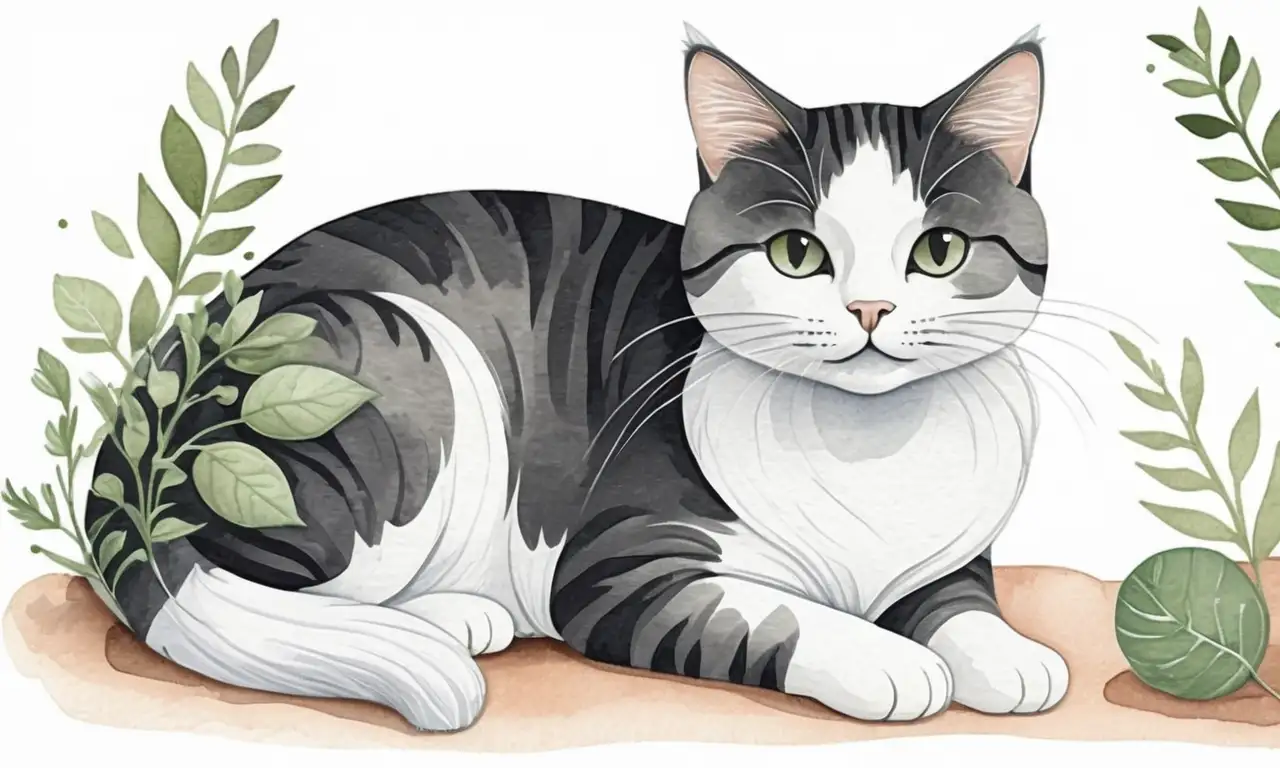 Una ilustración acogedora de un gato juguetón en un entorno sereno, con detalles intrincados y suaves colores