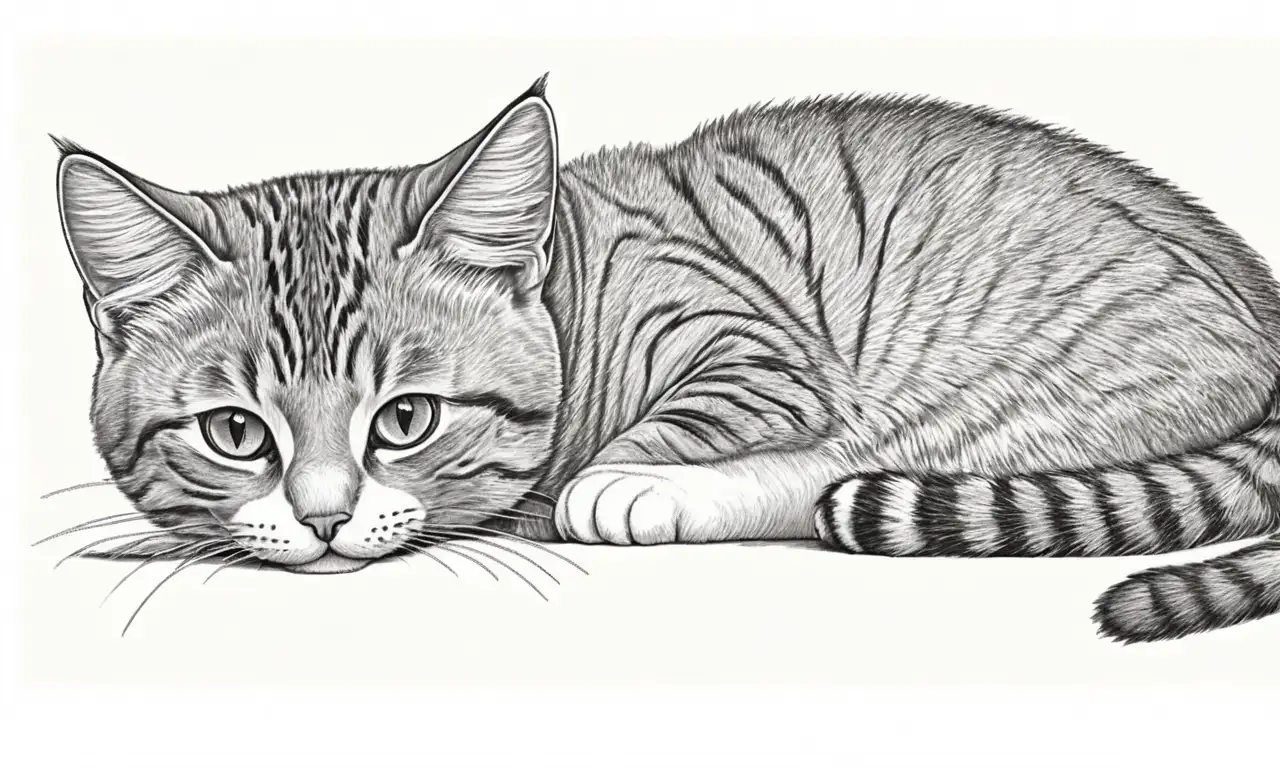 Un gato relajado se dibuja con lápiz suave, destacando sus detalles y la armoniosa composición