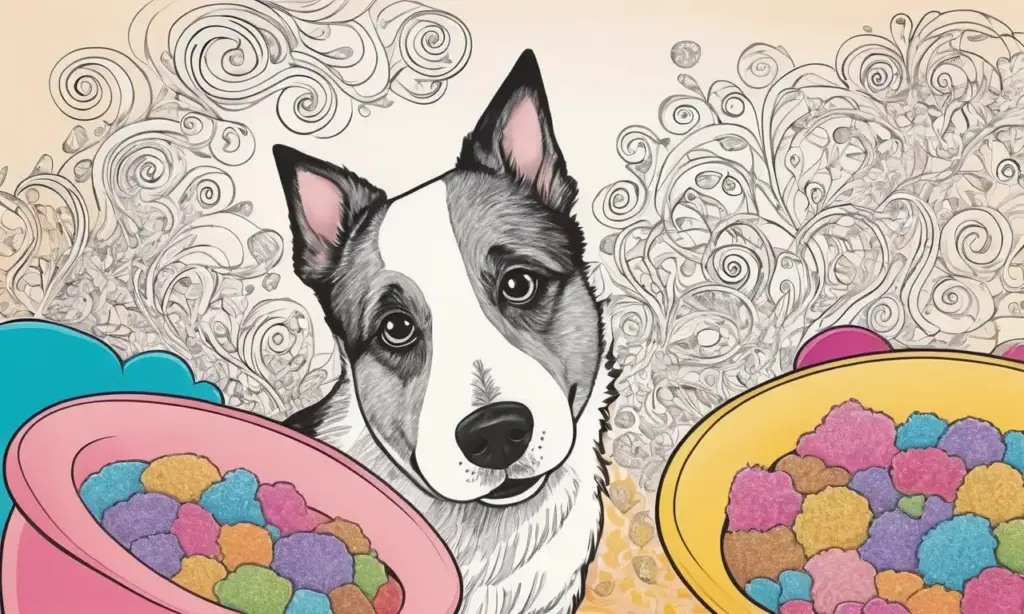 Perro preocupado en un entorno caótico con colores vivos y detalles sutiles