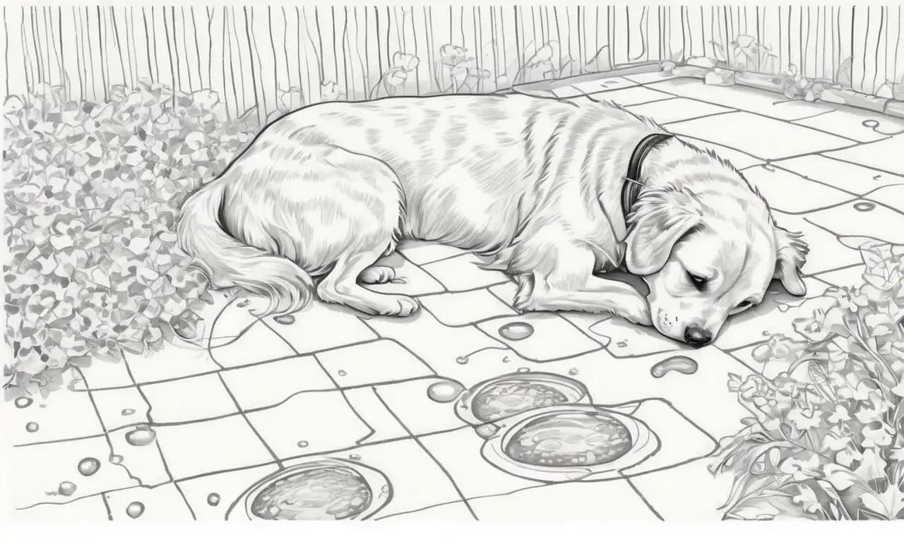 Un suelo texturizado brilla bajo el sol, con un perro curioso jugando entre sombras y luces