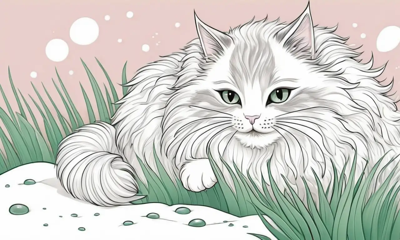 Gata suave y esponjosa con espuma en la boca, dueño preocupado, y un entorno juguetón pero caótico