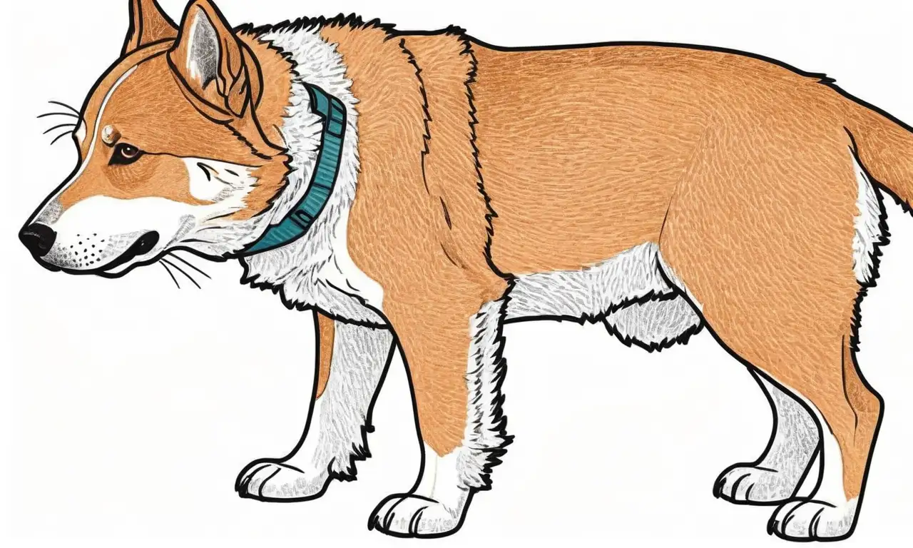 Dibujo detallado de un perro en mal estado con gradientes de color, sombras marcadas y un flujo de primeros auxilios