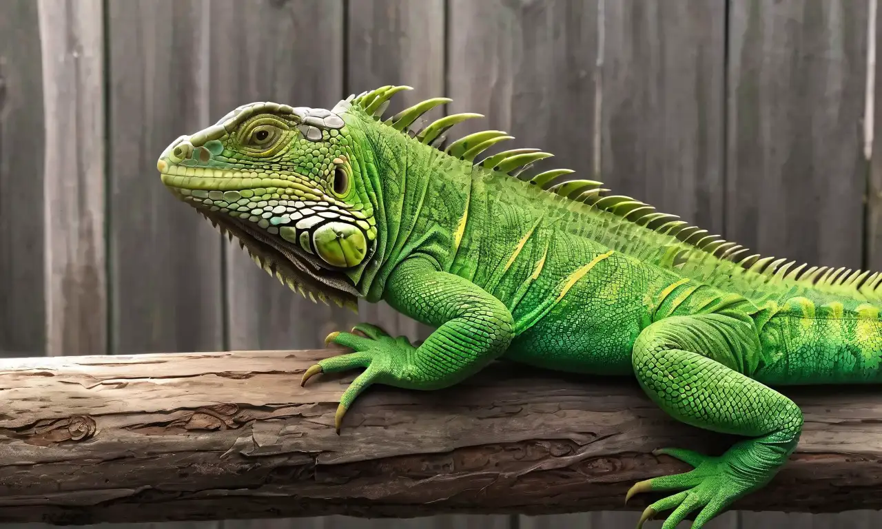 Iguana verde vibrante sobre rama rugosa, con detalles que resaltan su cuerpo y el entorno