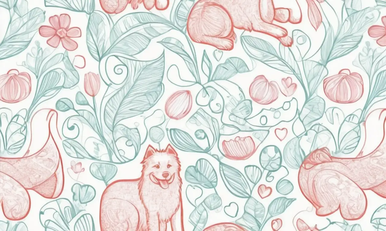 La composición equilibra un fondo cálido, detalles del perro, texturas de pelaje, colores vibrantes, sombras, un patrón caprichoso, juguetes y un diálogo alegre