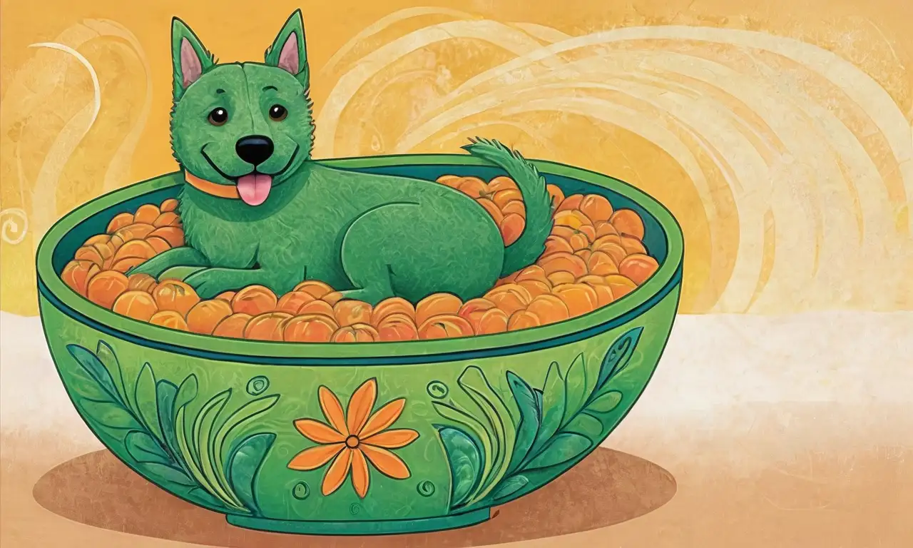 Silueta de un perro verde en un fondo pastel, con texturas y elementos naturales que evocan calmante armonía