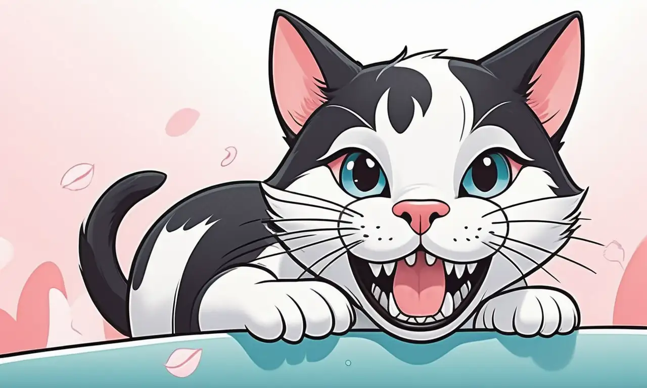 Una ilustración vibrante de un gato con dientes blancos y herramientas dentales que promueve la salud bucal