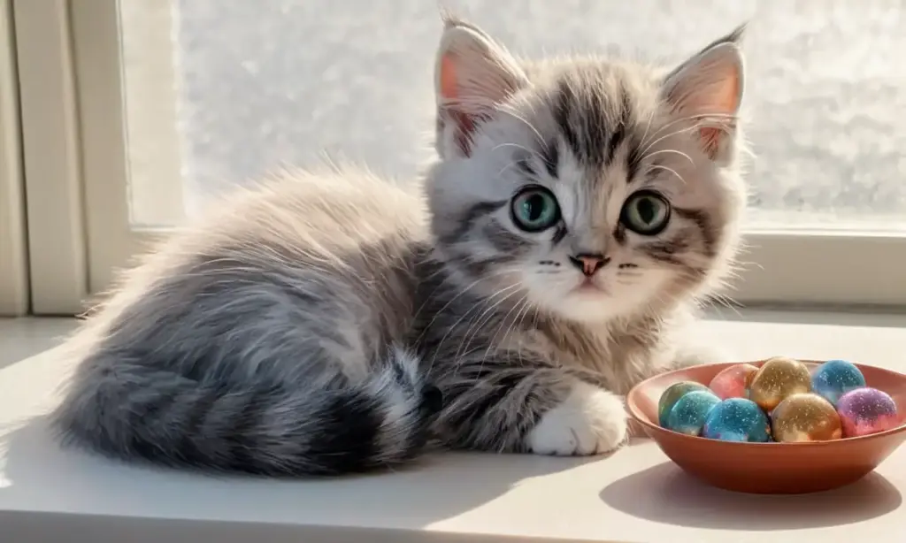 Un tierno gatito en el centro rodeado de juguetes y luz suave crea una atmósfera acogedora