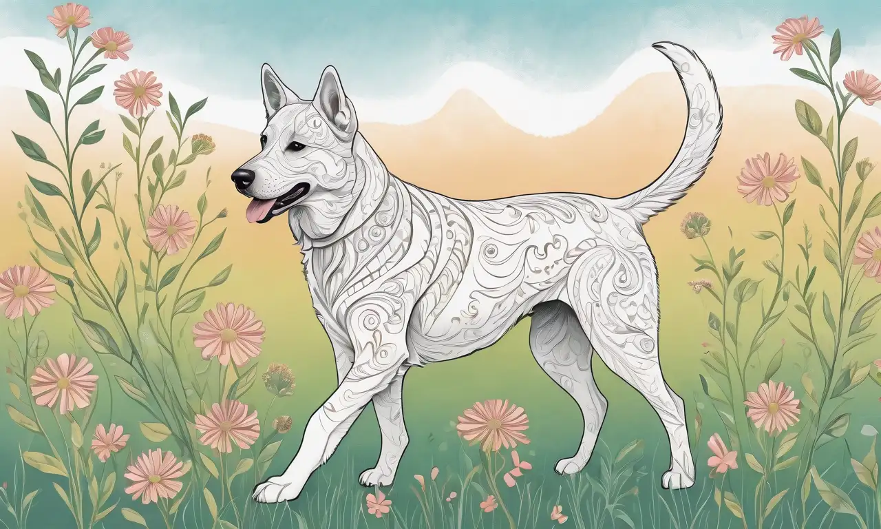 Silueta canina detallada con fondo vibrante y elementos de parvovirus en una composición armoniosa