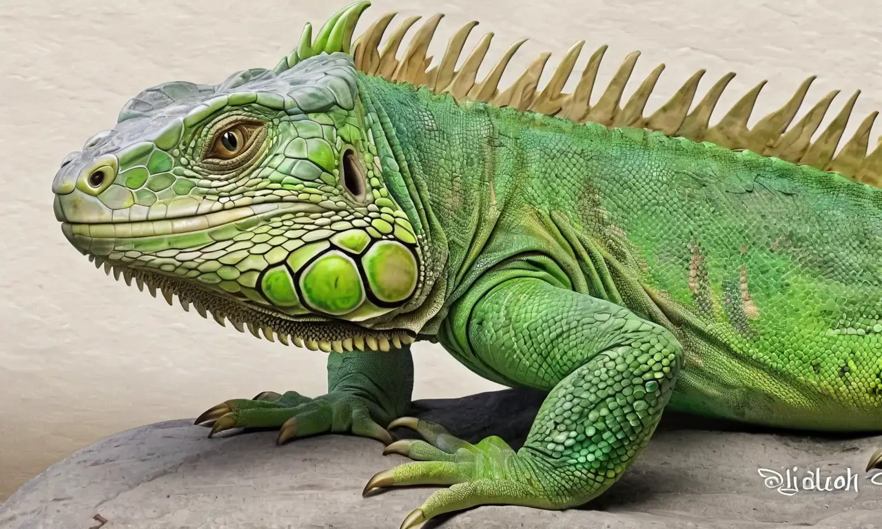 Iguana verde vibrante con escamas texturizadas y detalles finos en un fondo natural