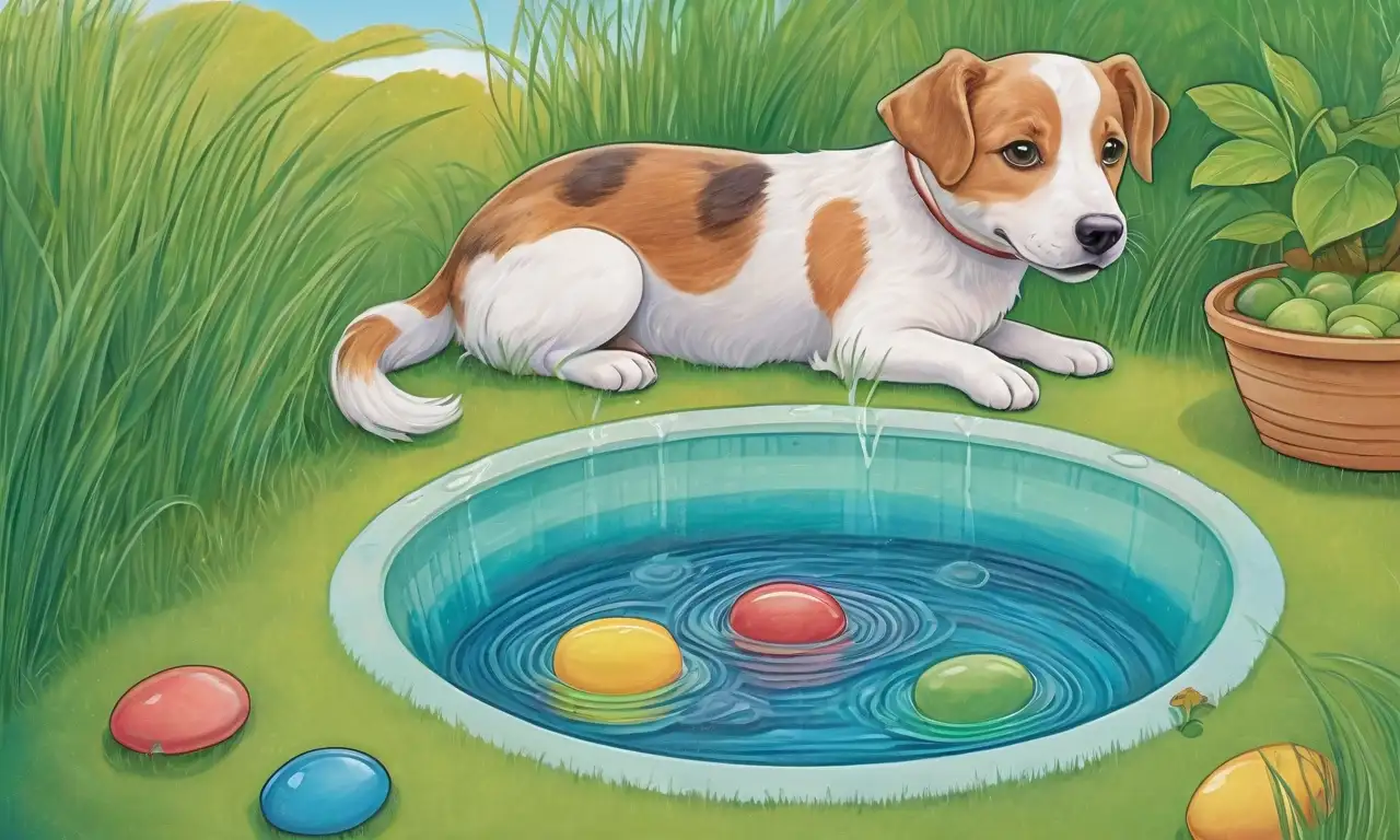 Un perro vibrante en un entorno armonioso con césped verde, agua clara y elementos lúdicos